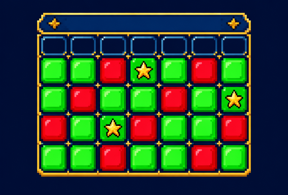 Pixel art calendar grid with green profit days and red loss days