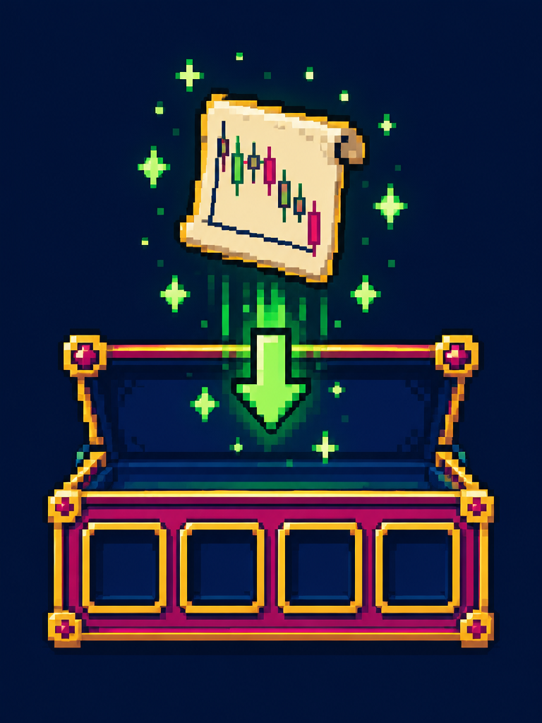 Pixel art screenshot with a candlestick chart dropping into a form